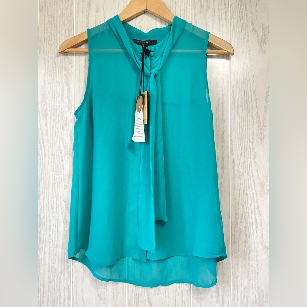 Sanctuary Sleeveless Button Down Tie Blouse Sheer Surf Teal Size S NWT